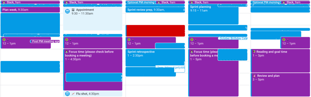 Five-day calendar with purple, blue and red blocks across it, showing how to block off time to do deep work.
